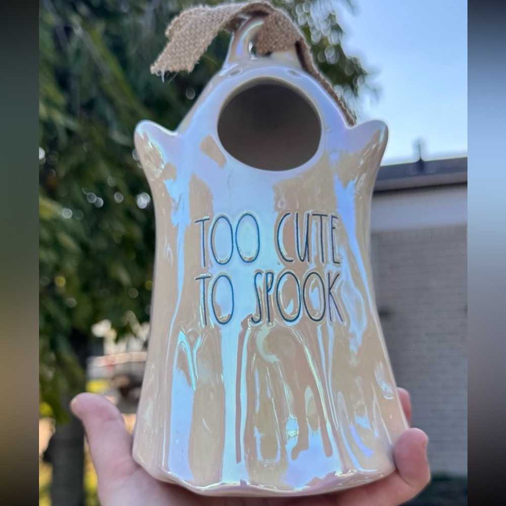 Rae Dunn TOO CUTE TO SPOOK White Luster Iridescent Ghost Birdhouse